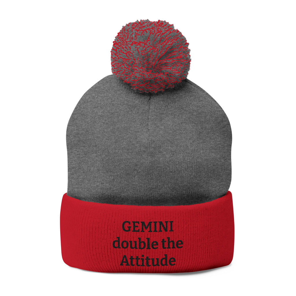 Gemini Pom-Pom Knit Cap — "double the Attitude" Embroidered Beanie