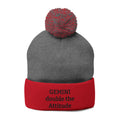 Gemini Pom-Pom Knit Cap — "double the Attitude" Embroidered Beanie
