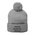 Gemini Pom-Pom Knit Cap — "double the Attitude" Embroidered Beanie
