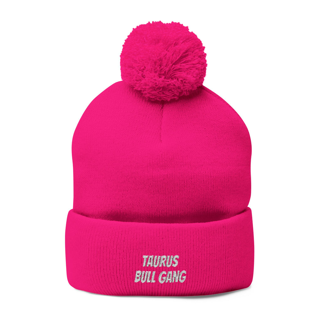 Taurus Skull Gang Pom-Pom Beanie — Embroidered Knit Winter Hat