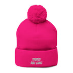 Taurus Skull Gang Pom-Pom Beanie — Embroidered Knit Winter Hat