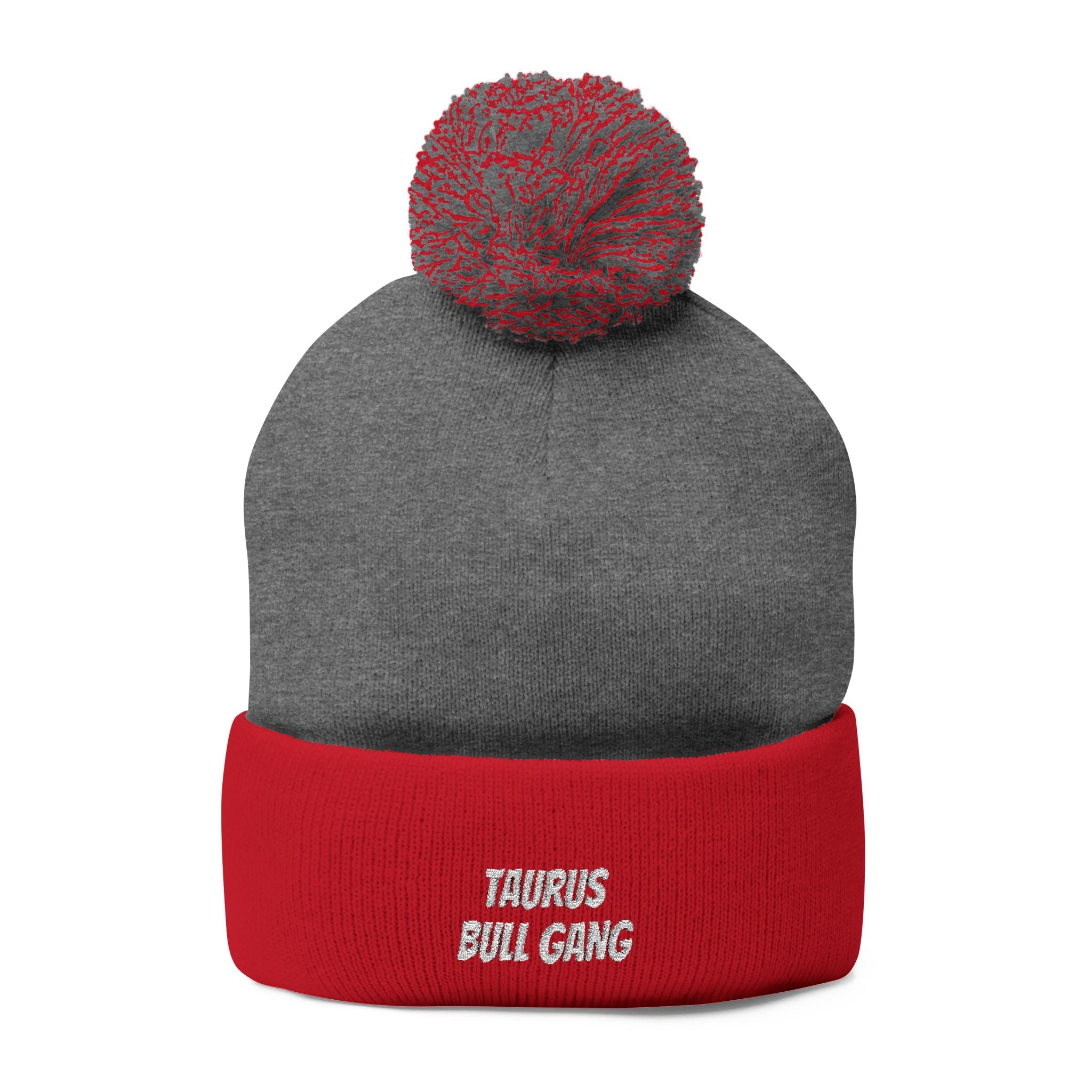 Taurus Skull Gang Pom-Pom Beanie — Embroidered Knit Winter Hat
