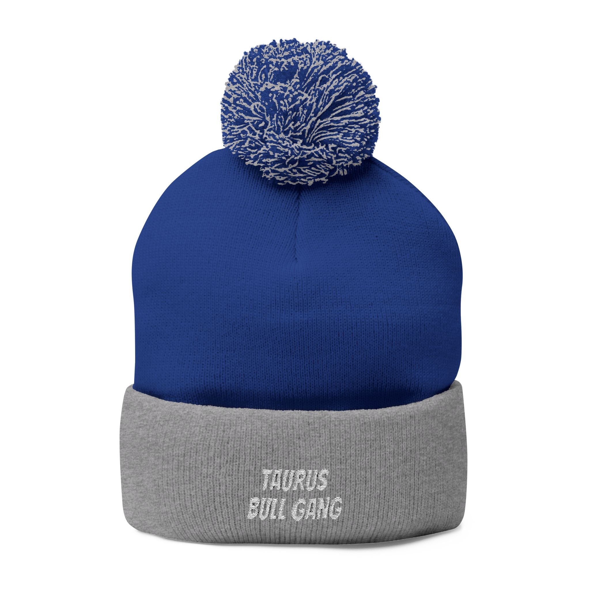 Taurus Skull Gang Pom-Pom Beanie — Embroidered Knit Winter Hat