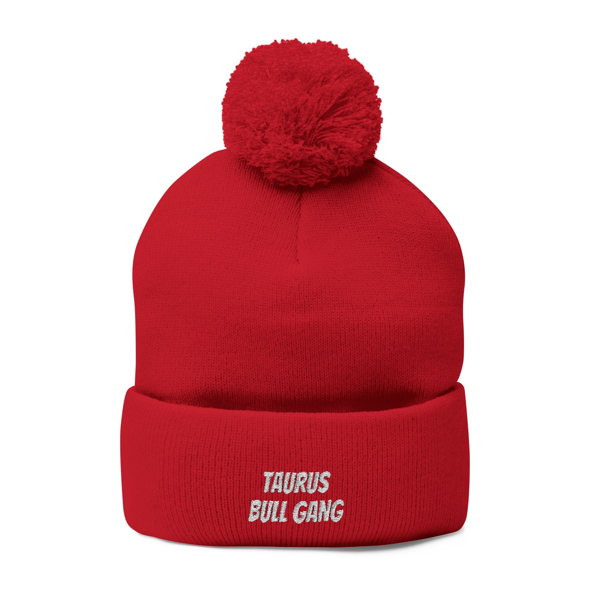 Taurus Skull Gang Pom-Pom Beanie — Embroidered Knit Winter Hat