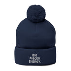 Pom-Pom Beanie - "Big Pisces Energy" Embroidered Knit Hat