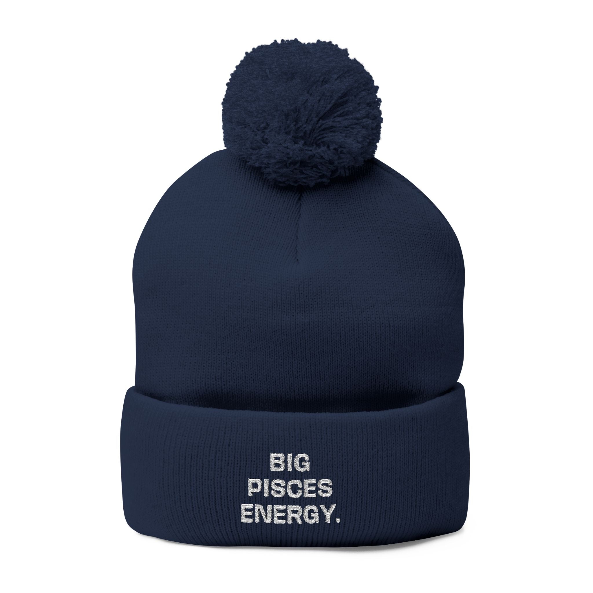 Pom-Pom Beanie - "Big Pisces Energy" Embroidered Knit Hat