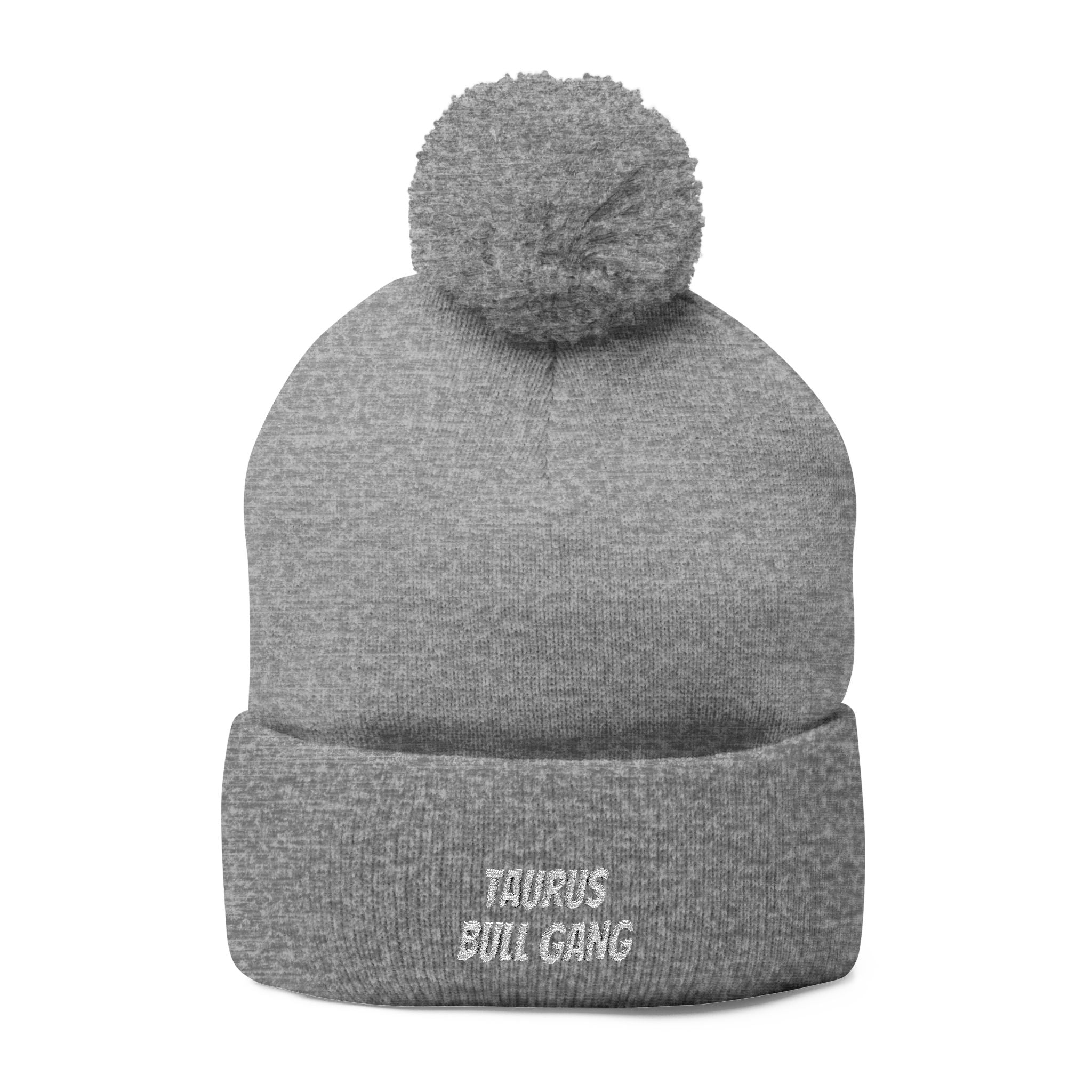 Taurus Skull Gang Pom-Pom Beanie — Embroidered Knit Winter Hat