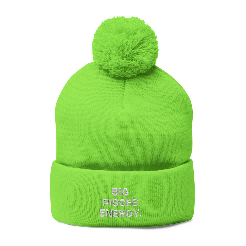 Pom-Pom Beanie - "Big Pisces Energy" Embroidered Knit Hat