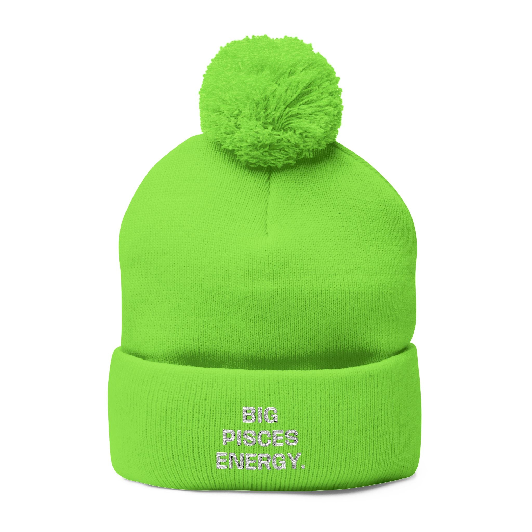 Pom-Pom Beanie - "Big Pisces Energy" Embroidered Knit Hat