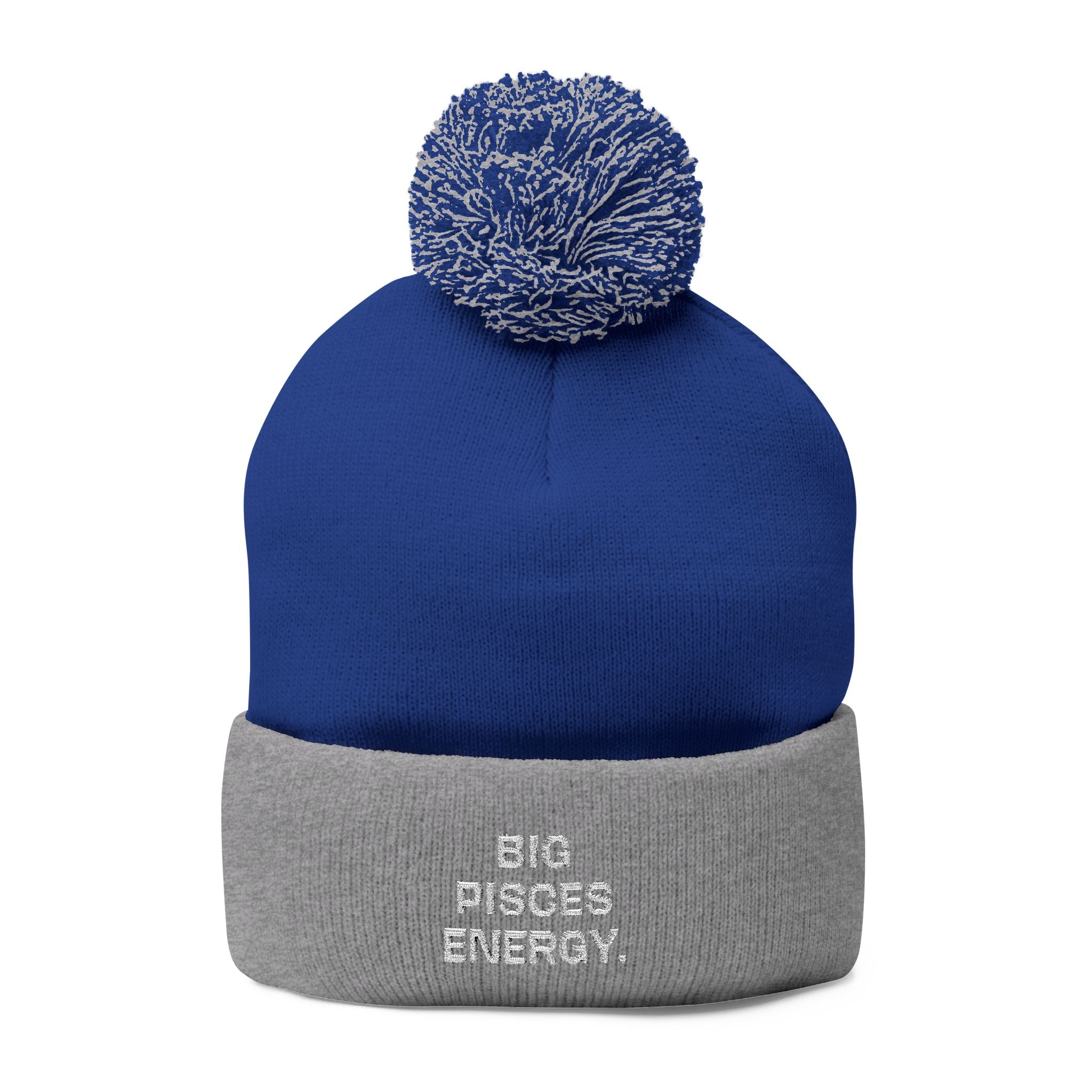 Pom-Pom Beanie - "Big Pisces Energy" Embroidered Knit Hat