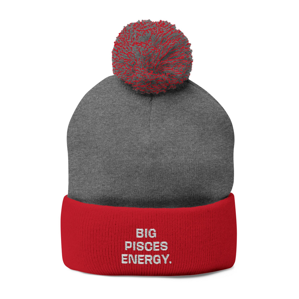 Pom-Pom Beanie - "Big Pisces Energy" Embroidered Knit Hat