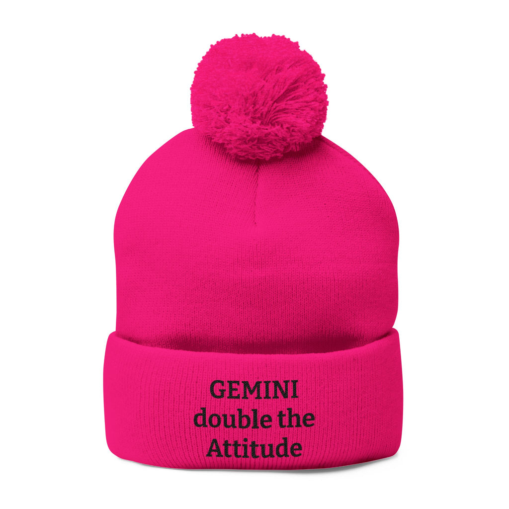 Gemini Pom-Pom Knit Cap — "double the Attitude" Embroidered Beanie