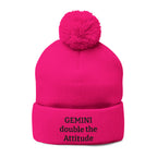Gemini Pom-Pom Knit Cap — "double the Attitude" Embroidered Beanie