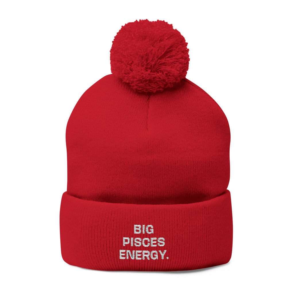 Pom-Pom Beanie - "Big Pisces Energy" Embroidered Knit Hat