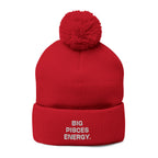 Pom-Pom Beanie - "Big Pisces Energy" Embroidered Knit Hat