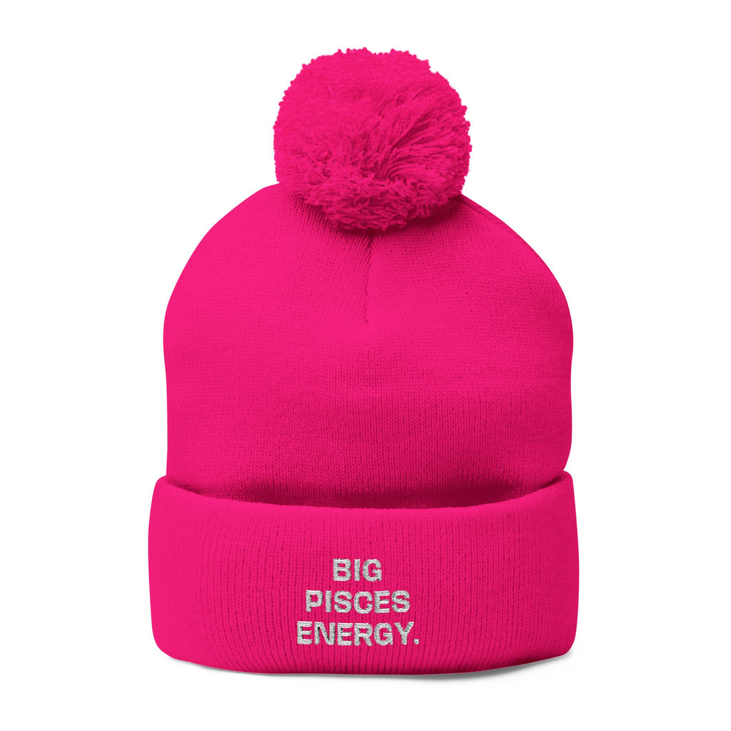 Pom-Pom Beanie - "Big Pisces Energy" Embroidered Knit Hat
