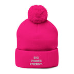 Pom-Pom Beanie - "Big Pisces Energy" Embroidered Knit Hat