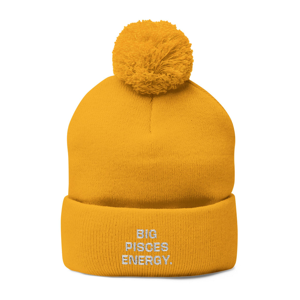 Pom-Pom Beanie - "Big Pisces Energy" Embroidered Knit Hat