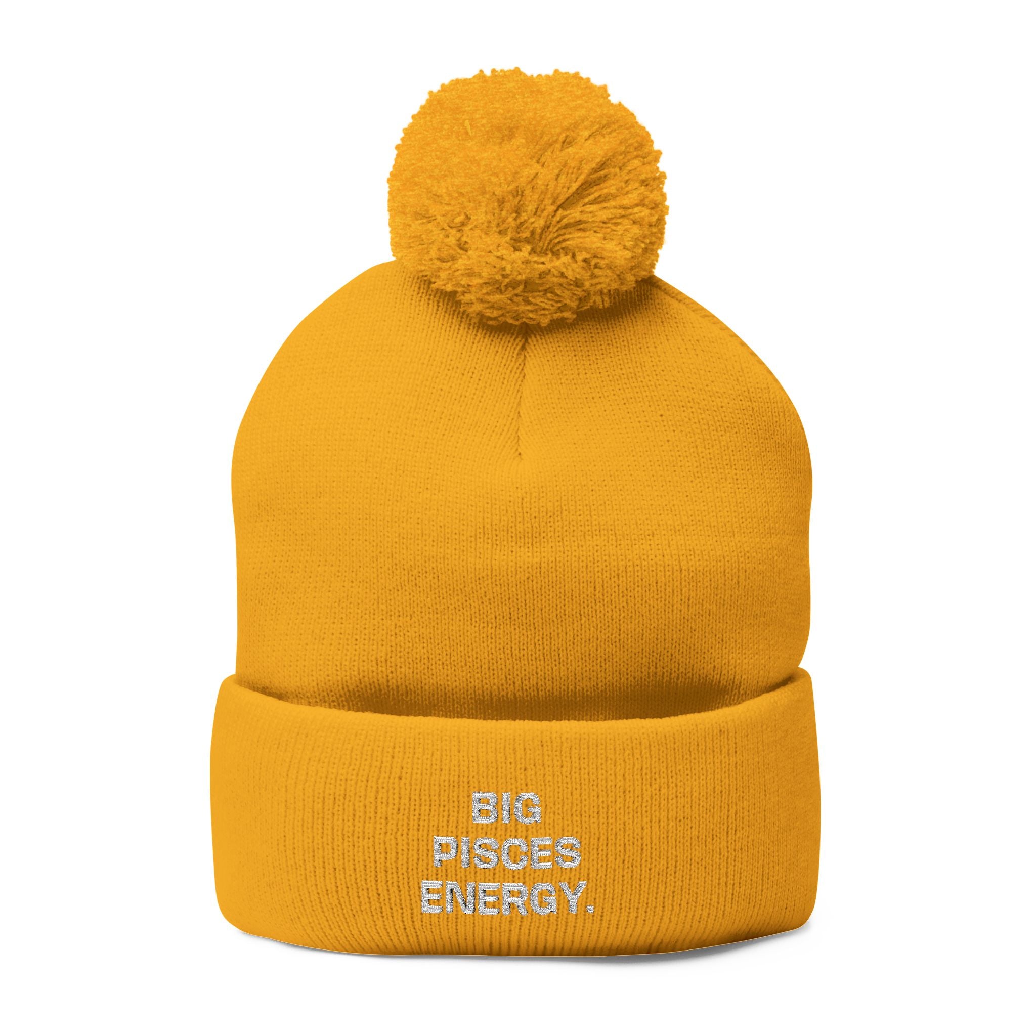 Pom-Pom Beanie - "Big Pisces Energy" Embroidered Knit Hat