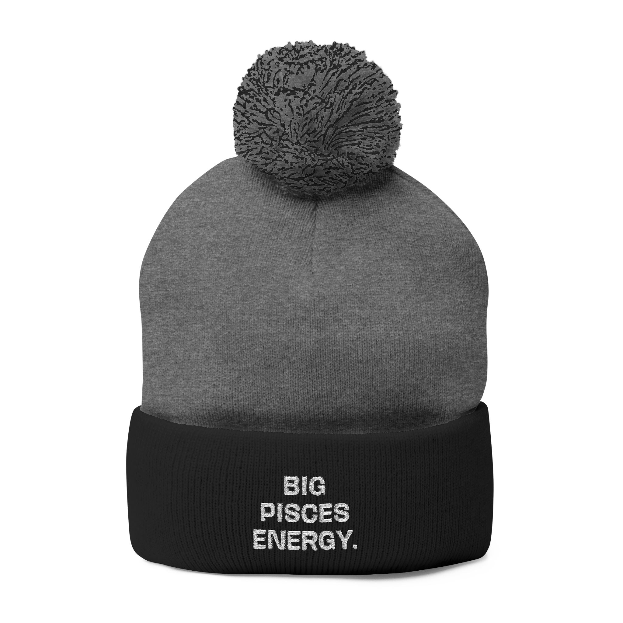 Pom-Pom Beanie - "Big Pisces Energy" Embroidered Knit Hat