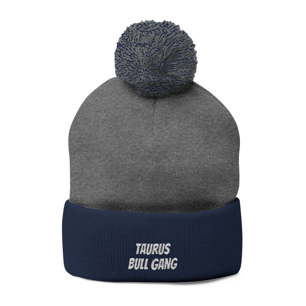 Taurus Skull Gang Pom-Pom Beanie — Embroidered Knit Winter Hat