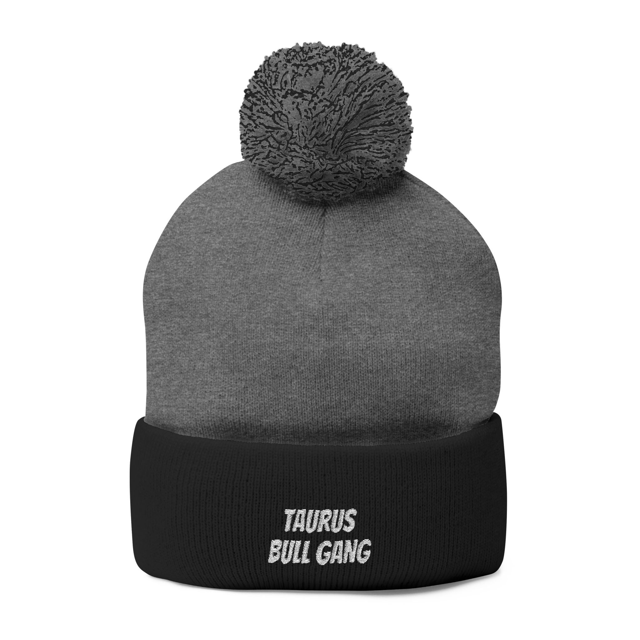 Taurus Skull Gang Pom-Pom Beanie — Embroidered Knit Winter Hat
