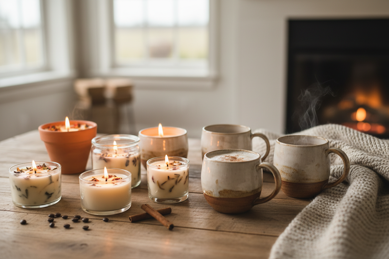 Warm candles and mugs on wooden table